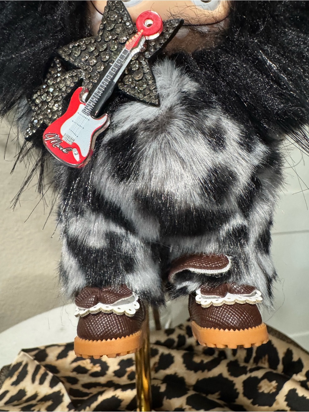 Black Fuzzy Rocker Plush Custom Labubu with Accessories - Picture 4 of 9
